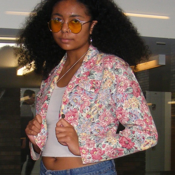 floral pink short 80s denim rampage jean jacket - Picture 2 of 4